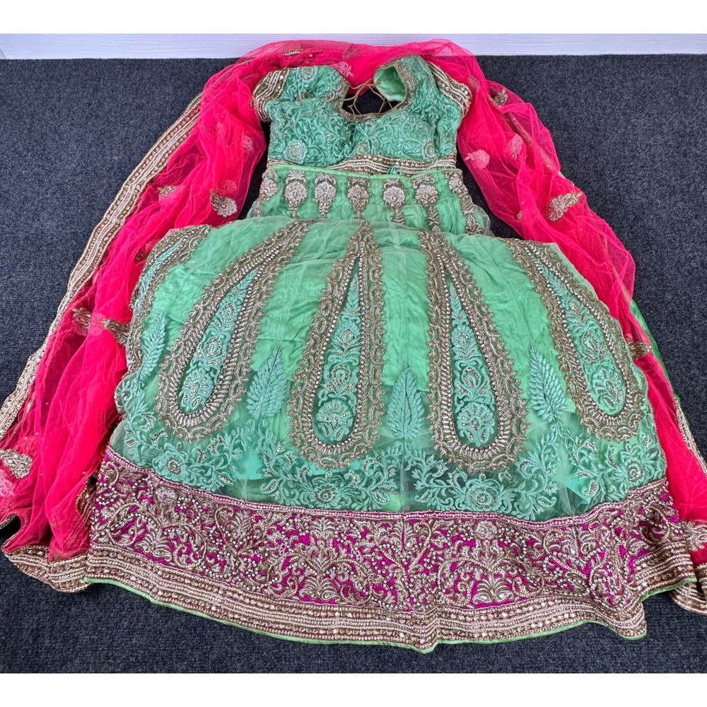 Indian bridal Lehenga Choli Mint Green Pink Gold Embroidered Wedding Set‎ 3PC